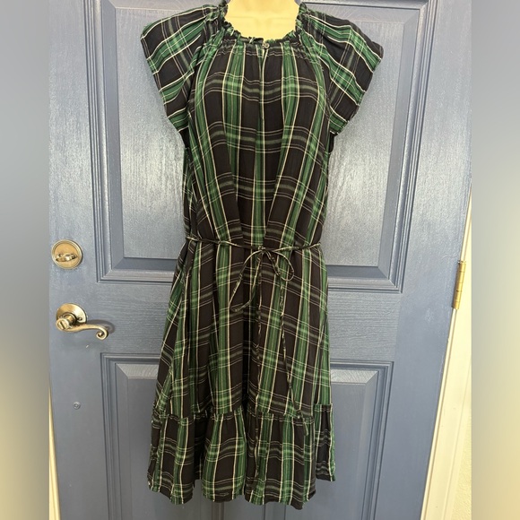 LOFT Plaid Cap Sleeve Flounce Dress Green/Navy Size 12 - Picture 2 of 9